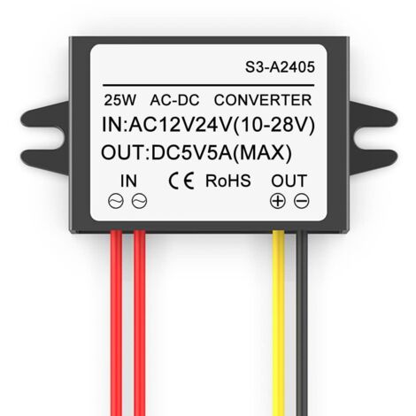 1 Pezzo Convertitore AC 12V 24V a DC 5V 5A 25W, Modulo Alimentazione AC-DC 10-28V, Riduttore di Tensione Impermeabile. (1/4)