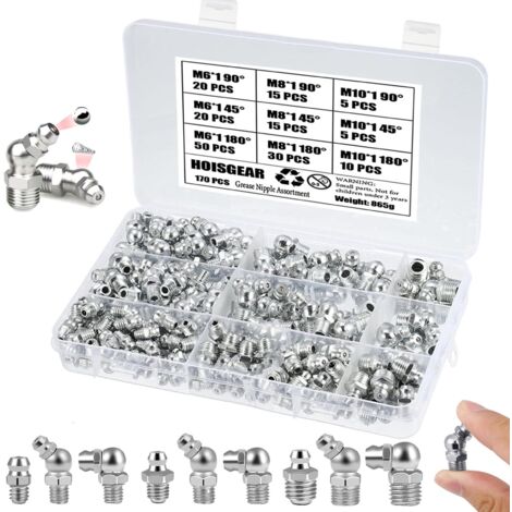 170 Pezzi Set Grassatori M6 M8 M10 Kit in Ferro Nichelato Dritto e Curvato 45°/90° per Attrezzature Meccaniche, Auto, Barche, Trattori (1/4)