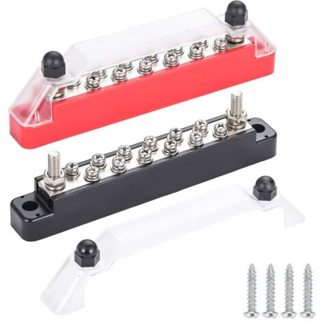 Blocco distribuzione alimentazione 12V con 2 morsetti 1/4" (M6) e 12 viti M4 (8), barra collettrice positiva e negativa per auto. (1/4)
