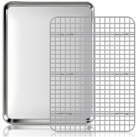 Plaque de Cuisson avec Grille de Refroidissement: un lot Plaques et Grilles pour Cuisson au Four en Acier Inoxydable, Plat Four pour Rôti la Maison Cuisine Barbecue 40,5x30,5x2,5cm