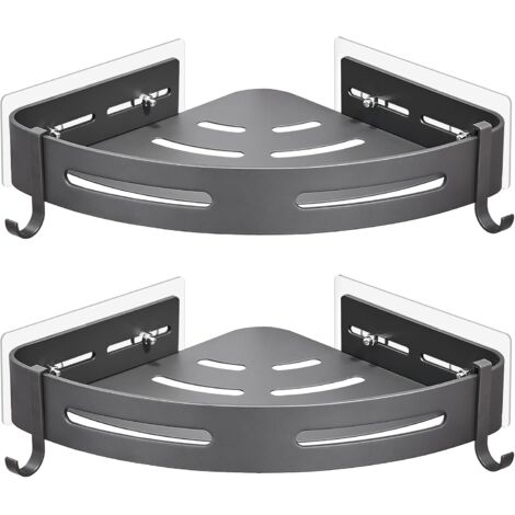 Etagère de Douche d'angle sans Perçage en Métal avec 2 Crochets pour Douche Support Antirouille Autocollant pour Articles de Salle de Bains 2 Pièces (Gris) (1/5)
