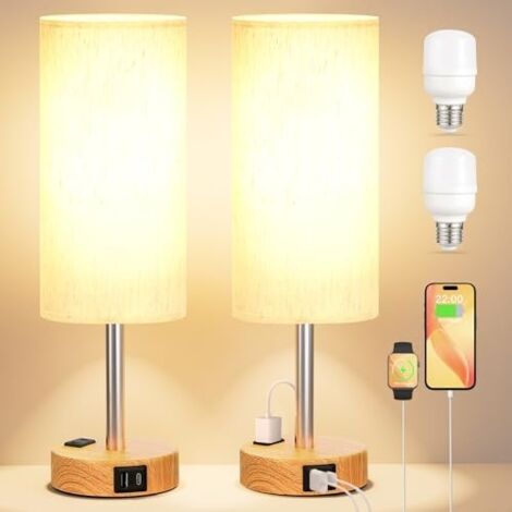 Lampe de Chevet Tactile avec Ports de Charge USB-A+C+Prise, Intensité Variable 3 Voies, Abat-jour en Tissu de Lin, Petite Lampe pour Chambrer Salon D'enfant Bureau (2Ampoule Incluse) (1/5)