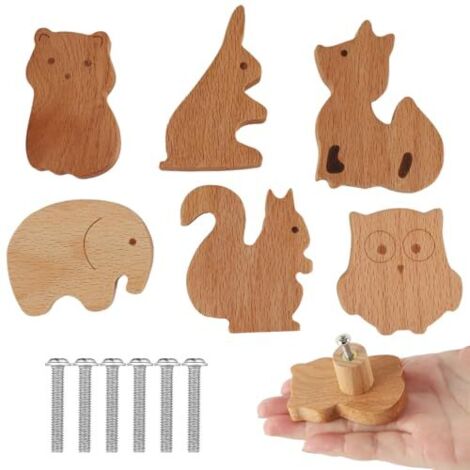 Poignée Meuble, 6 Pièces Boutons en Bois Massif, Motif Animaux Mignons, Texture Naturelle, Décoration pour Chambre d'Enfant, Boutons pour Commode (1/4)