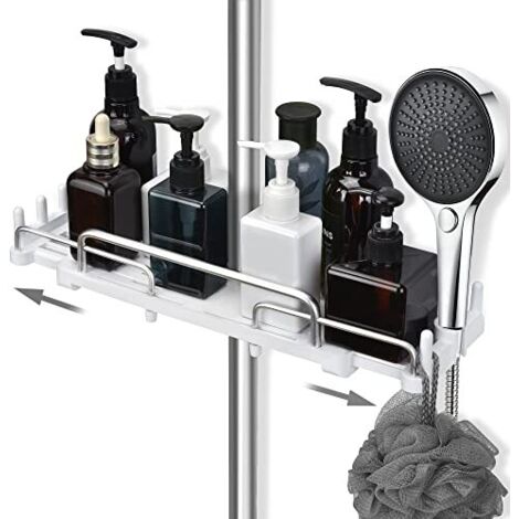Étagère de Douche télescopique 32-48 cm, Suspendre pour Salle de Bain sans perçage, étagère de Rangement pour Barre de Douche de 18 à 25 mm (Blanc) (1/4)