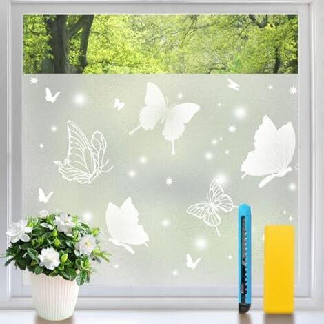 Film Fenetre Anti Regard sans Colle Film Opaque Fenetre Motif Papillons Givrés Anti-UV Lumineux et Décoratif pour Salle de Bain, Chambre, Bureau, Vitrine 60x200cm (1/4)