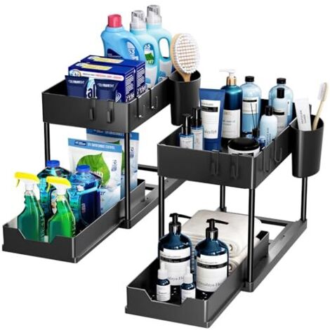 Lot de 2 Rangement sous Évier à 2 Étages, Organisateur Cuisine avec Tiroirs Amovibles, Rangement Coulissant sous Évier, Organisateur Placard, Étagère, Panier Coulissant pour Cuisine -Noir (1/4)