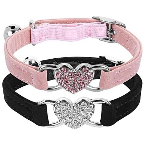 Bling Heart - Collier pour chat - Avec cloche - Réglable - Avec ceinture de sécurité - Strass - Pour petits chats et chiens - Rose - Noir et rose (1/4)