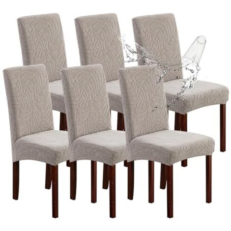 Lot de 6 Housses de Chaise pour Salle à Manger Extensibles, Amovibles et lavables en Jacquard, Protection pour chaises de Cuisine, hôtel, Restaurant (Feuilles Gris Chaud) (1/4)