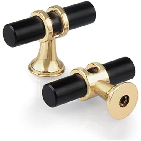 Lot de 10 Boutons de Tiroir Monotrou en T, Moderne Poignée T Armoire Porte Alliage de Zinc Unique Trou Boutons pour Cuisine Meuble Armoire Placard Chambre Vis Inclus, Noir Avec Base Dorée (1/4)