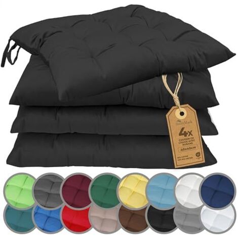 Lot de 4 Galettes de Chaises avec Rubans 40x40 cm – Coussin de Chaise Épais pour Intérieur & Jardin – Couleur Noir