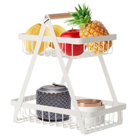 Corbeille à Fruits à 2 étages, Corbeille à Légumes Pour Comptoir De Cuisine Panier De Rangement En Fil Métallique Support De Fruits Détachable Porte-Fruits Support Pour Bol Avec Manche(Blanc)