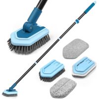 4 in 1 Cleaning Brush with Long Handle, Shower Scrubbing Brush, 4 Different Brushes for Bathroom, Bathtub, Floor, Wall, Skirting Board (Blue)