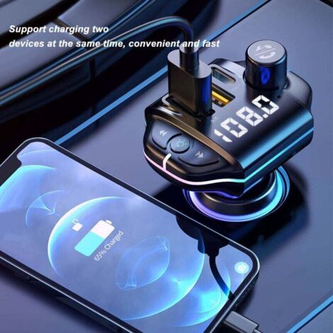 Adaptateur Bluetooth Voiture - Chargeur USB Rapide + Transmetteur FM + Kit Mains-libres - Avec Lumières RGB, Lecteur MP3/TF