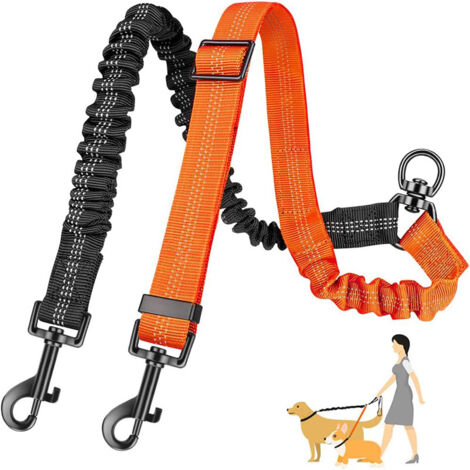 Laisse pour chien à double usage, laisse pour chien 2 en 1 améliorée avec sangle réglable et corde absorbant les chocs pour éviter les nœuds, noire et orange à double tête réglable. (1/5)