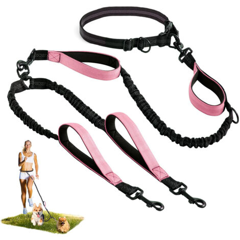 Laisse double détachable et mains libres pour chiens mâles de petite, moyenne et grande taille, idéale pour la promenade, le jogging et autres exercices. Rose et réglable.