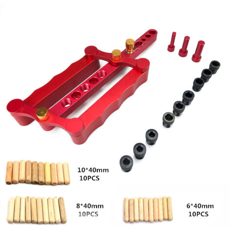 Outil de perçage et de réalisation de trous pour le travail du bois : gabarit de perçage droit, cheville ronde, bâtonnet en bois, poinçon. Kit gabarit de perçage droit + cheville en bois. (1/5)