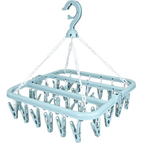 Étendoir à chaussettes, étendoir à linge suspendu avec 32 pointes coupe-vent, étendoir à chaussettes pliable pour chaussettes, sous-vêtements, vêtements de bébé, serviettes (bleu) (1/5)