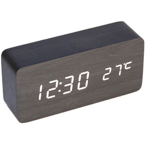 Horloge numérique en bois multifonctionnel LED réveil commande vocale adapté à la maison lumière blanche en bois noir (1/5)