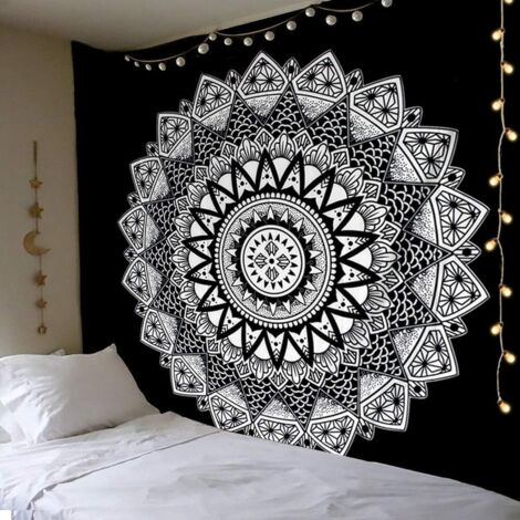 Tapisserie Murale Mandala Hippie Indienne Bohème Tapisserie Noir et Blanc Psychédéliqu Tenture Murale Tapis Mural Serviette de Plage (Fleur, L / 150x200cm) (1/4)