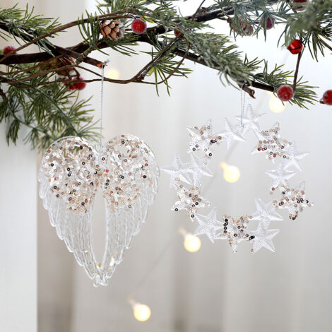 Ede 2 pièces pendentifs de décoration d'arbre de Noël, pendentifs en acrylique pailleté - forme de guirlande d'étoiles et d'ailes, adaptés au sapin de Noël, décorations de guirlande de guirlande (1/2)