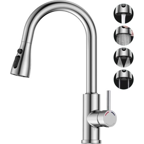 Ikodm – Robinet de cuisine mitigeur 360° avec douchette extensible en acier inoxydable 304 – Noyau céramique – 2 modes de pulvérisation (1/5)