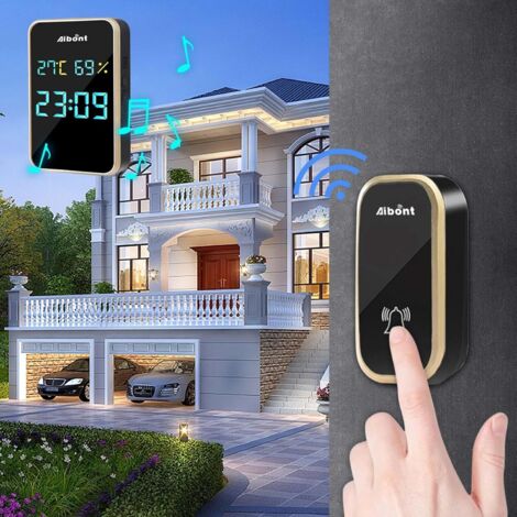 Sonnette sans Fil Exterieur Etanche avec 1 Récepteurs, Portée de 150-200M, IP65 Etanche Carillon, 38Mélodies et 4 Niveaux Volume, Indicateur LED Bleu, pour Maison, Hôtel -Noir (1/5)