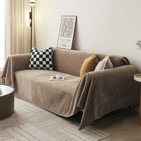 Ede Brun café 180x180 Housse de canapé en chenille, couleur unie, anti-griffures de chat, toutes saisons, couverture intégrale (1/5)