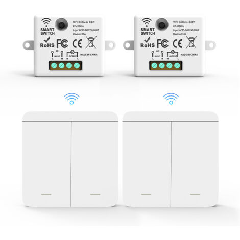 Aiperq – Lot de 2 interrupteurs muraux sans fil RF433 – 2 récepteurs 10A 240V – Installation rapide sans câblage – Compatible jusqu'à 5 interrupteurs (1/4)