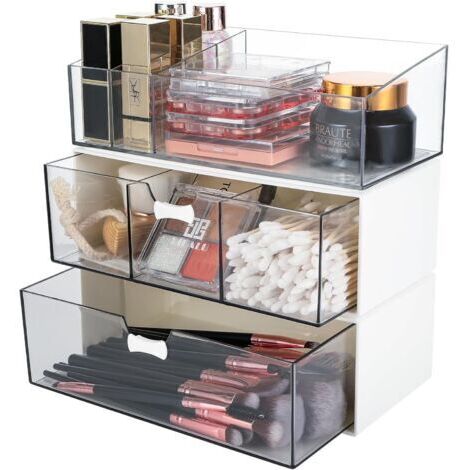 Ede Organisateur de maquillage avec tiroirs - Conception empilable et extensible avec compartiments pour rouge à lèvres - Idéal pour la chambre, la salle de bain et la coiffeuse (1/5)
