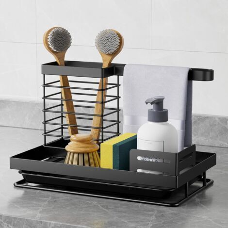 Ede Porte-éponge avec bac d'égouttage pour évier de cuisine, organisateur de rangement pour savons, éponges et brosses (1/4)