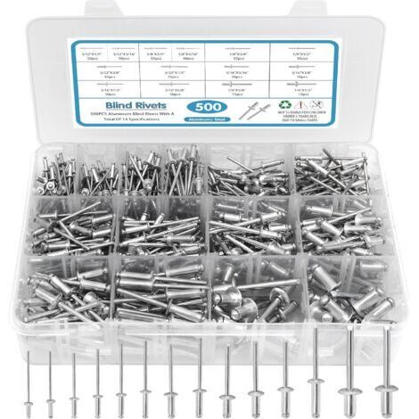 Ede Assortiment de 500 rivets pop, 14 rivets en aluminium de tailles SAE (3/32\ (1/4)