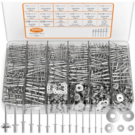 Ede Assortiment de 1000 rivets pop en aluminium, 14 tailles (3/32\ (1/4)