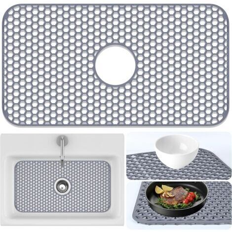 Ede Tapis de protection pour évier de cuisine - 66,5 cm x 35,5 cm, pour évier et vaisselle en acier inoxydable, tapis de protection en caoutchouc avec évacuation centrale (gris) (1/5)