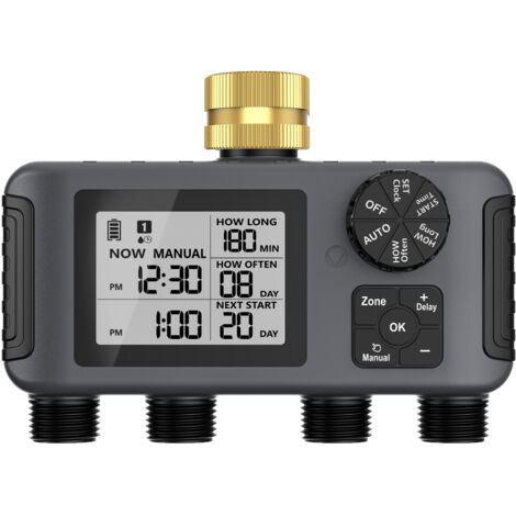 Programmateur d'Irrigation Intelligent 4 Voies avec Télécommande, Robinet Extérieur BSP 3/4", Contrôle Individuel, Fonction Pluie, pour Jardin et Terrasse, IPX5