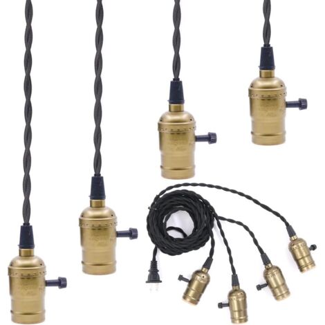 Lot de 4 suspensions murales vintage en laiton avec interrupteur, culot E27 triple – Style industriel, pour cuisine, salle à manger, bar, éclairage chaleureux, câble textile