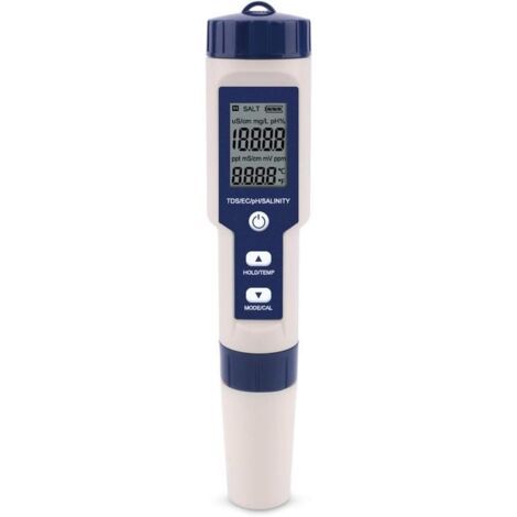 Testeur de Qualité d'Eau 5 en 1 : pH, EC/TDS, Température, Salinité, Conductivité, Stylo de Test avec Rétro-éclairage, pour Piscine, Aquarium et Eau Potable