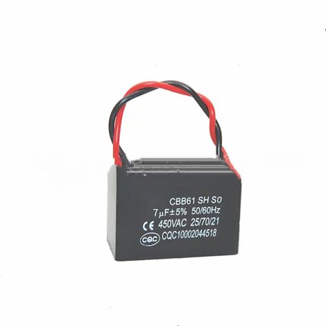 Lot de 2 condensateurs de démarrage CBB61 7 µF 450 V avec fils pour ventilateurs de plafond, extracteurs d'air haute puissance et ventilateurs industriels - 7 µF, prêts à l'emploi.