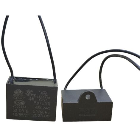 Lot de 5 condensateurs de démarrage ultra-haute puissance CBB61 5 µF 450 V avec fils, pour ventilateurs industriels, équipements lourds et climatiseurs haute puissance. Diamètre : 60 mm, 85 °C.