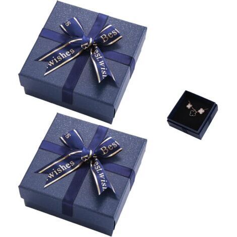 Lot de 2 boîtes cadeaux avec arc en ruban et couvercle, boîte à bijoux, petites boîtes à bijoux en carton avec éponge, pour bagues, boucles d'oreilles, colliers et bracelets (bleu) (1/5)