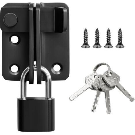 Verrou Porte Exterieur/Interieure Coulissante avec Cadenas, Loquet Porte à Bascule Boulon pour Portail Jardin Armoire, Finition Noire en Acier Inoxydable, 52 x 62 MM (1/4)