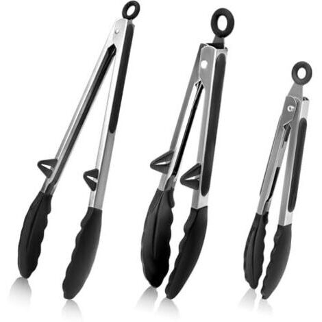 3 Pièces Pince de Cuisine Silicone, Pinces Cuisine Inox Résistant à la Chaleur, Embouts en Silicone sans BPA, Pince Barbecue, Pince Alimentaire Cuisine pour Barbecue, Salade, 20,5cm/27 (1/5)