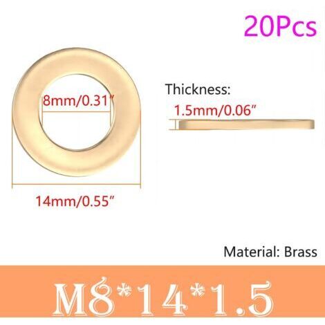 Lot de 20 Rondelle Plate, 8mm x 14mm, Rondelle d'étanchéité Circulaire, Rondelles Annulaires, Laiton Rondelle Plate pour L'étanchéité des Vis (1/5)