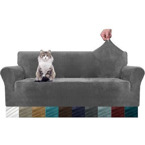 3 Places, Gris Housse de canapé en Velours épais Super Extensible pour Chiens Cat Pet Friendly 1-Piece Elastic Furniture Protector en Peluche (1/5)