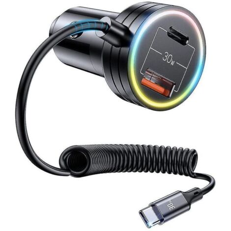 Chargeur de voiture 60 W Mini USB avec câble Quick Type C de 1,2 m, chargeur de voiture 3 ports avec PD 3.0 QC 3.0 de 30 W