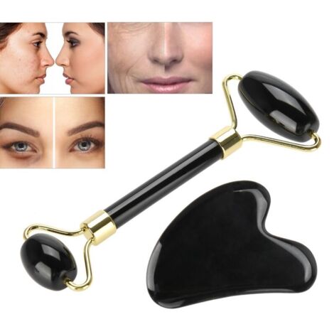 Rouleau et Grattoir en Obsidienne Naturelle - Kit Massage Visage et Corps pour Détente