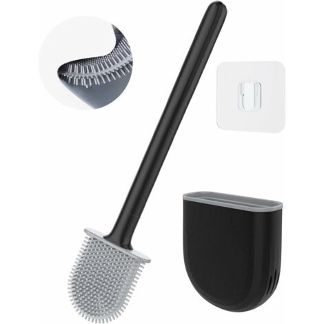 Brosse WC en silicone antibactérienne, manche en acier inoxydable, noire.-AquaForge