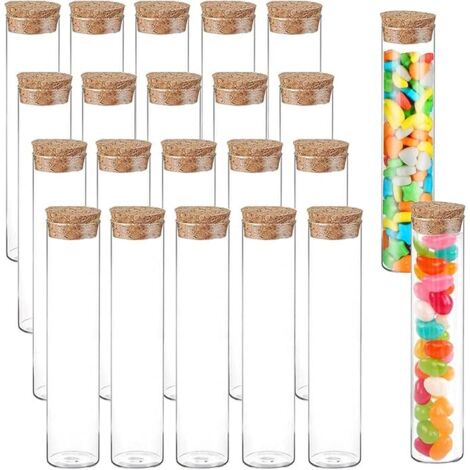 20 tubes à essai en verre de 25 ml avec bouchons en liège – Mini flacons et bocaux en verre transparent à fond plat, idéaux pour laboratoire, cadeaux d'invités, bonbons, chewing-gums, épices et perles (1/5)