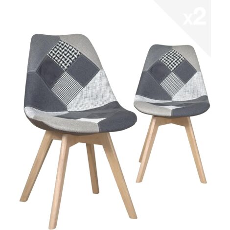 Ensemble de 2 chaises scandinaves laotiennes patchwork pour salle à manger ou cuisine (patch gris) (1/5)