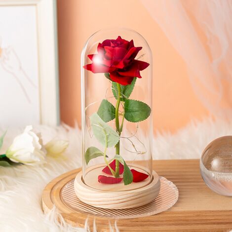 Rose éternelle - La Belle et la Bête - Décoration de bureau, Cadeau de Saint-Valentin, Lumière LED - Couvercle en verre - Rouge (1/3)