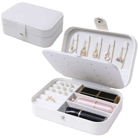 Boîte à bijoux - Boîte à bijoux de voyage portable, petit organisateur de bijoux à deux niveaux, boîte de rangement en cuir PU pour bagues, colliers, boucles d'oreilles(Blanc) (1/5)